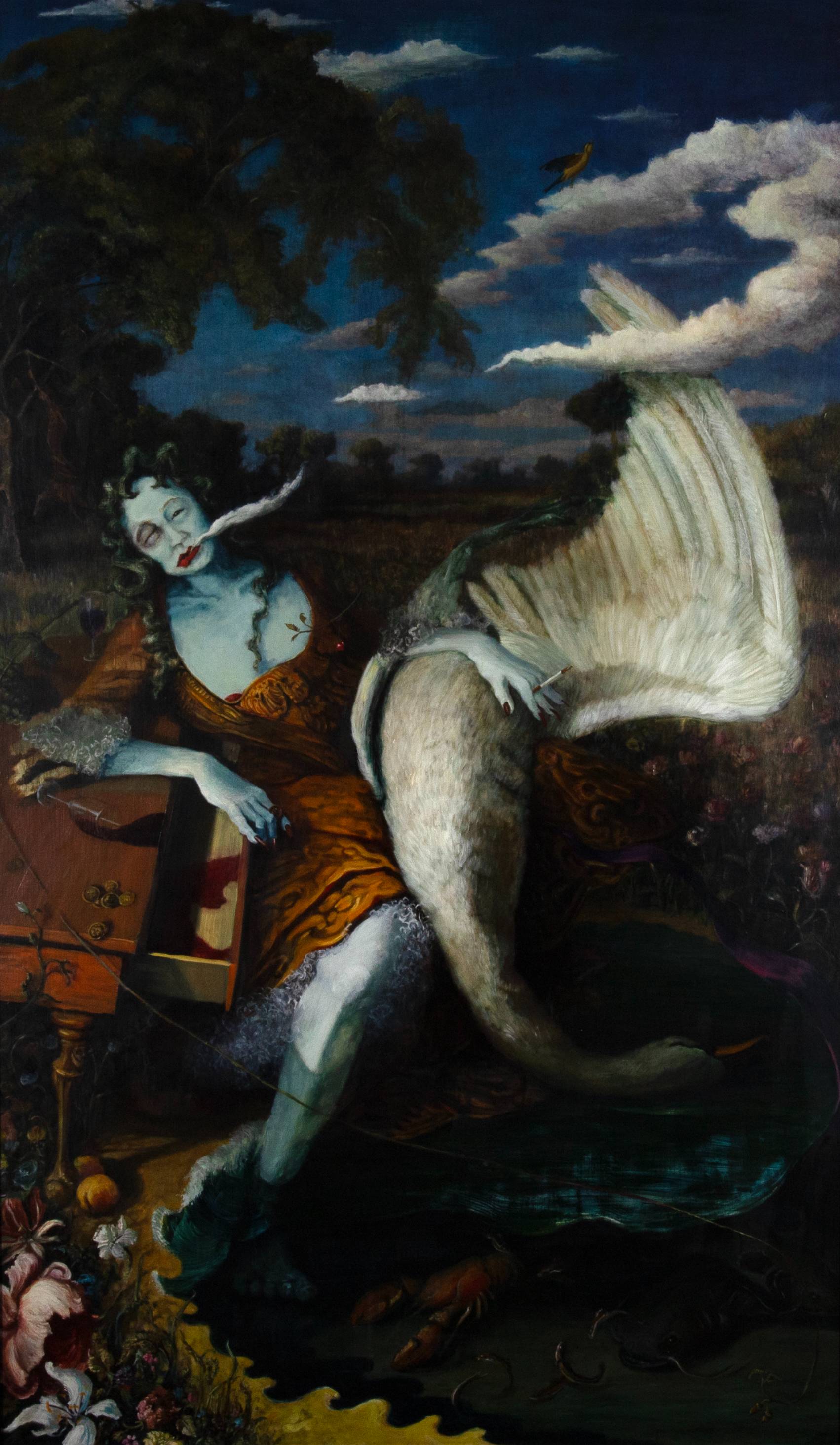 Painting of a woman, leaning against a desk, holding on to a large swan. Landscape details like a tree, clouds and flowers in the background.
